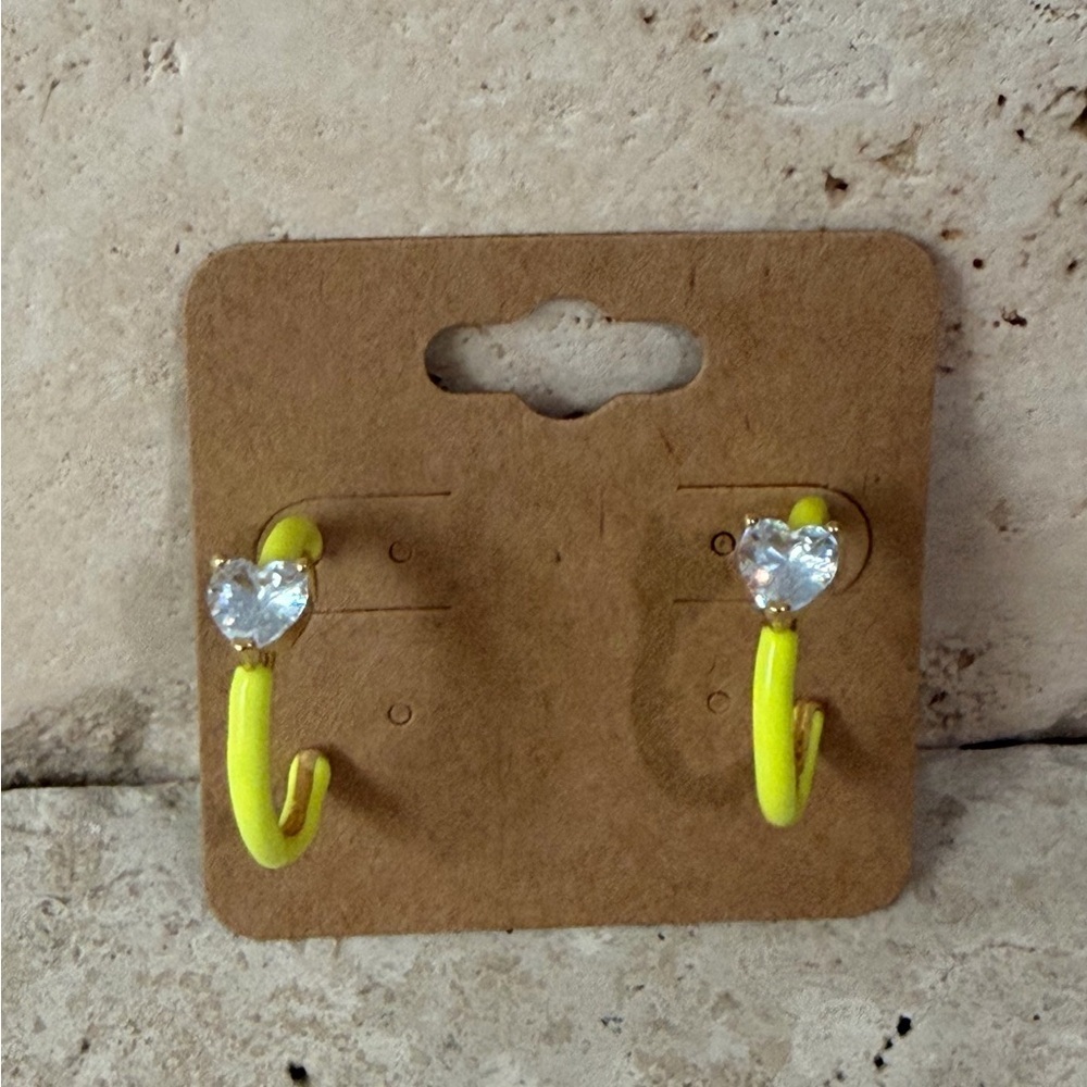 Neon Yellow Crystal Heart Hoop Earrings  Y2K Statement Jewelry